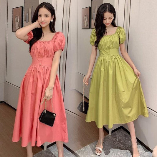 One-line Collar Strapless Dress Summer Sweet Temperament Small Fresh Mid-length A-line Skirt Waist Was Thin and Elegant Temperament Retro Style