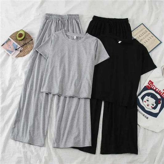 2PCS Women's Spring and Summer Leisure Suit Lazy Korean Style Thin Sportswear Short Sleeve T-Shirt Top + Wide Leg Pants Two-piece Suit