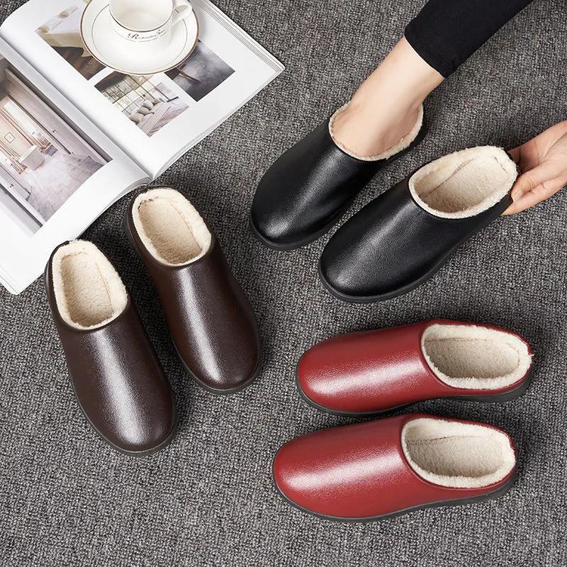 Cotton Slippers Winter Leather Waterproof Thick Warm Women Slide Plus Size Mens Slippers