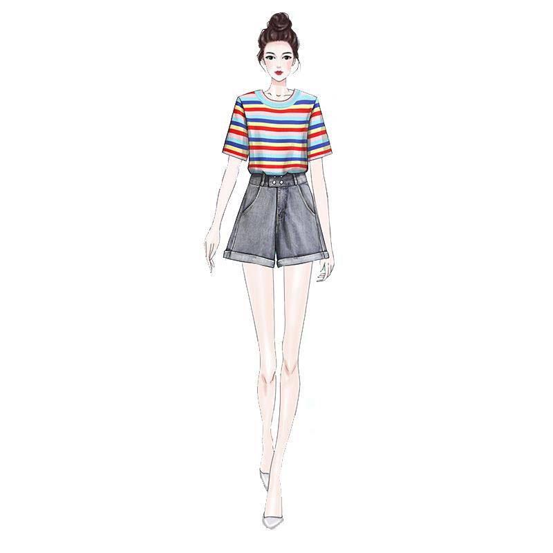 Shorts Set Summer Elastic Rainbow Stripe T-shirt Denim Shorts Two-piece Women's T-shirt Set