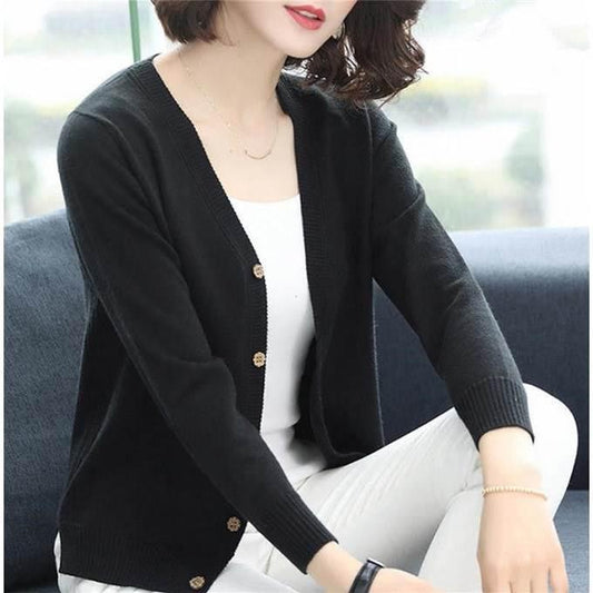 Winter Women Loose V-Neck Cardigan Sweater Top Short Section Button Wild Knitwear Coat Gown