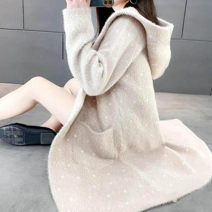 Spring and Autumn Mid-length Plaid Imitation Mink Velvet Coat Women Loose Thick Knit Sweater Coat Women