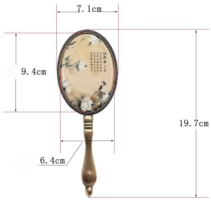 European Style Retro Bronze Makeup Mirror with Metal Handle Portable Hand-held Small Mirror Women Exquisite Oval Mirror