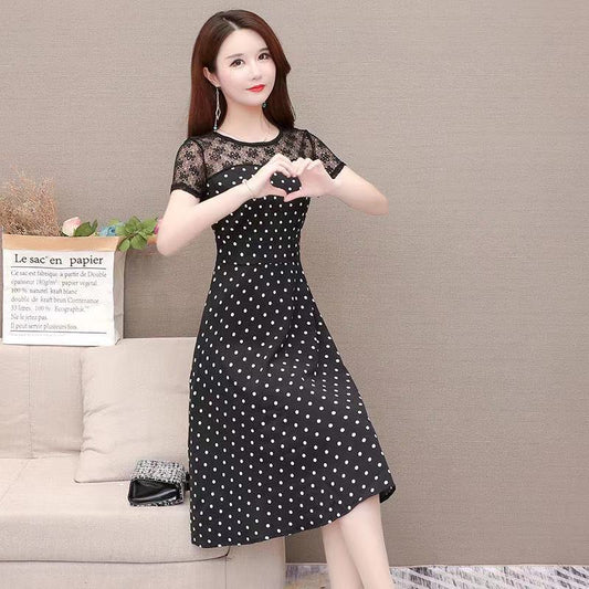 Large Size Women's Polka-dot Round Neck Short-sleeved Dress Female Self-cultivation Lace Temperament Mid-length Skirt A-line Skirt Waist Is Slim