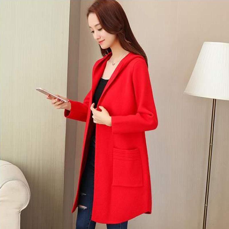 Autumn and Winter Hooded Knitted Jacket Temperament Loose Thick Coat Mid-length All-match Cardigan Female Jacket