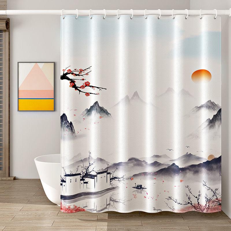 Bathroom Waterproof and Mildew-proof Chinese Shower Curtain Thickened Bathroom Shower Curtain Partition Curtain Door Curtain Free of Perforation