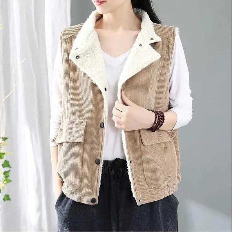 Retro Corduroy Vest Women's Plus Velvet Thick Lamb Fleece Sleeveless Autumn and Winter Suit Collar Jacket