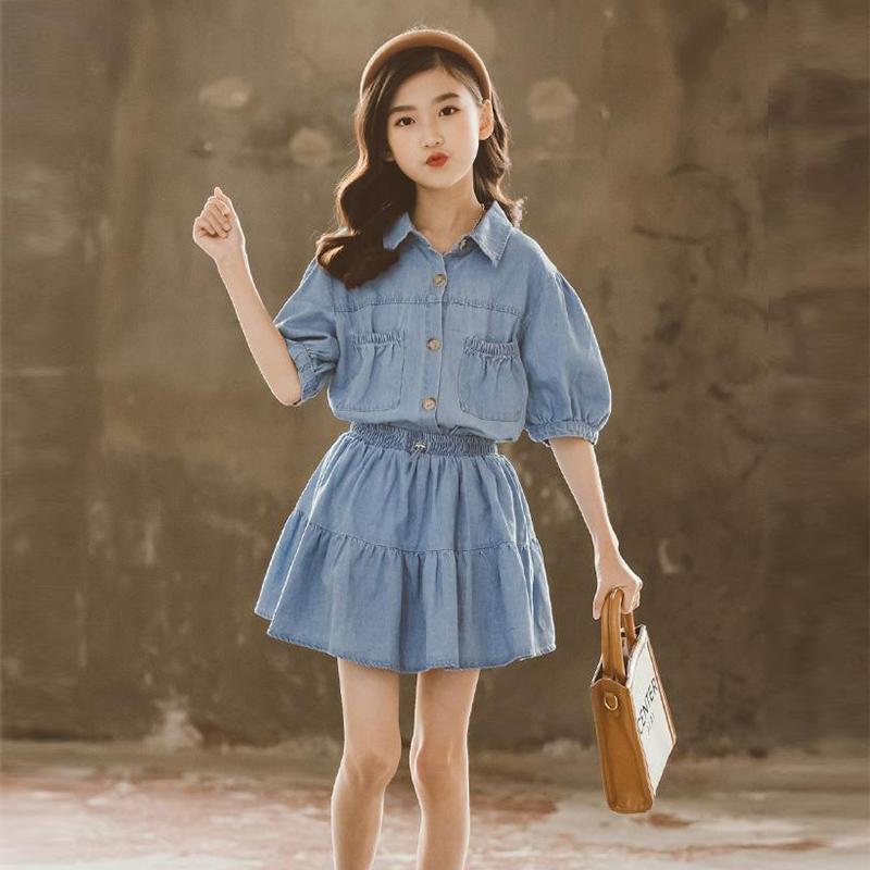 Girls' Summer Suit Korean Style Western Style Girl Denim Skirt Two-piece Suit Net Celebrity Children's Skirt Set