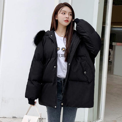 Winter Down Padded Jacket Loose Padded Jacket Short Winter Padded Jacket Thick Fluffy Large Fur Collar Hooded Down Jacket Padded Jacket