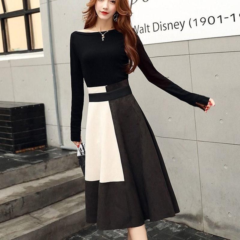 Spring Fashion Slim Slimming One-shoulder Long-sleeved Shirt Suede Skirt Fashionable Two-piece Suit