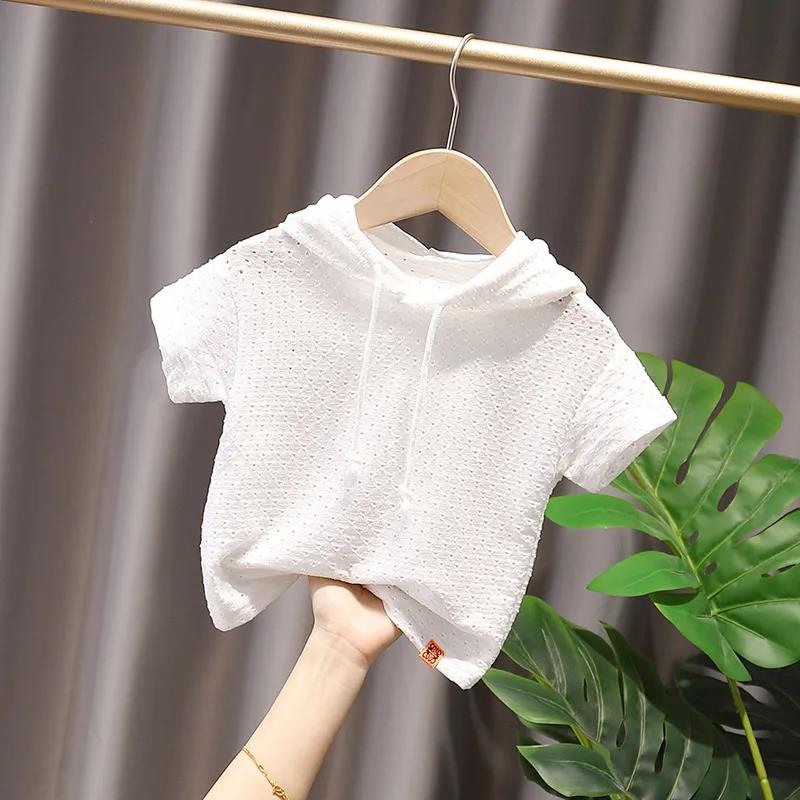 Summer Kids Cute Solid T Shirts Short Sleeve Tops Korean Style  Loose Hollow Out T Shirts for Children Girls and Boys