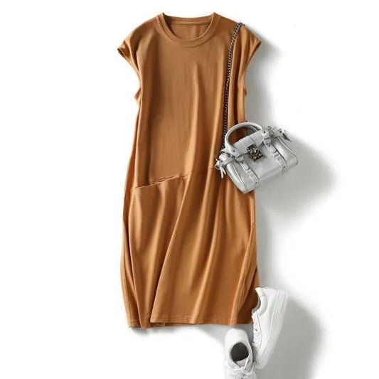 2021 Summer Popular Loose and Thin Solid Color T-shirt Dress Women's Mid-length Fairy Dress