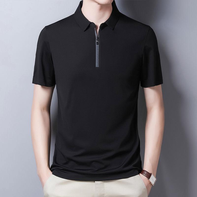 Men's Lapel Zipper T-shirt Solid Color Short-sleeved T-shirt POLO Shirt Middle-aged and Elderly Casual Tops