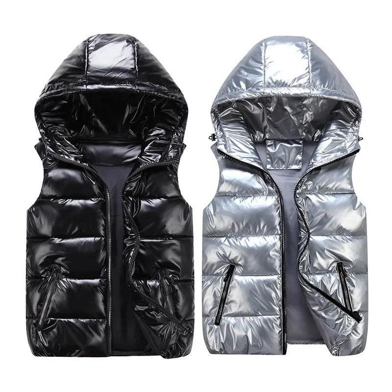 Large Size Glowing Women Winter Hooded Vest Coat Glossy Down Cotton Sleeveless Jacket Female Thicken Warm Winter Vest