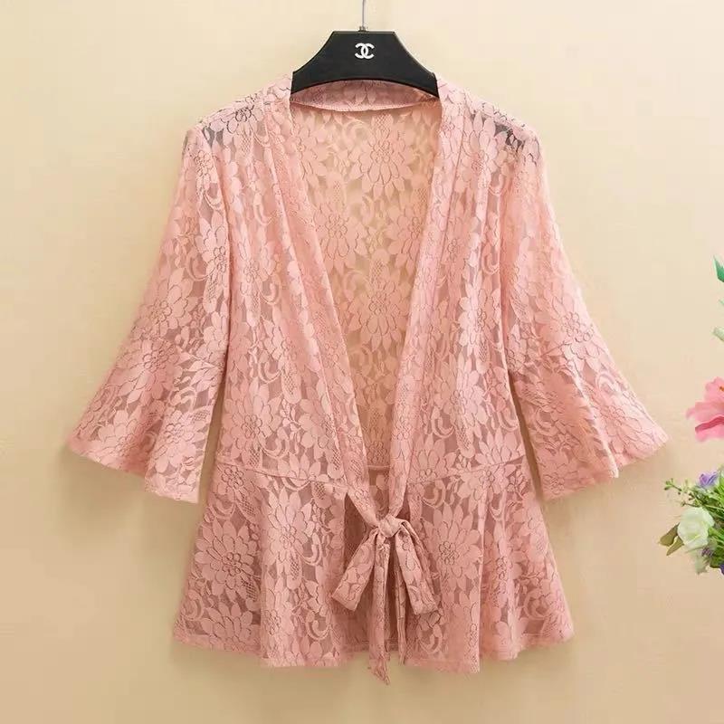 Trumpet Sleeve Shawl Women Summer Thin Sunscreen Lace 3/4 Sleeves Large Size Top