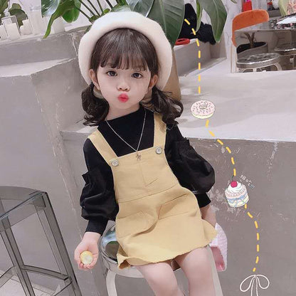 2PCS Children Clothing Set Spring Summer Girls Suits Printing Long Sleeve Tops + Suspender Skirt Clothing Set