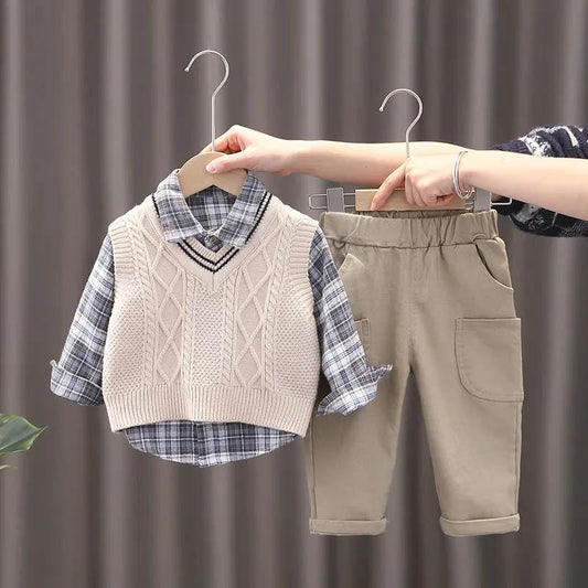 Boys Khaki Vest Spring and Autumn Suit Baby Fashion Sweater Vest Children's Korean Casual Long Sleeve Three-piece Set