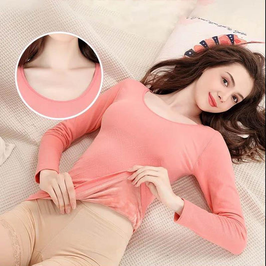 WTEMPO Plus Velvet Bottoming Shirt Women Autumn and Winter All-match Thick Round Neck Slim-fit Inner Warm Clothes