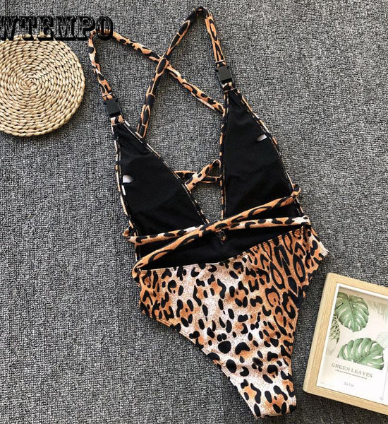 One Piece Swimsuit Women Sexy Leopard Print Bandage Backless Siamese swimsuit Swimwear Beachwear