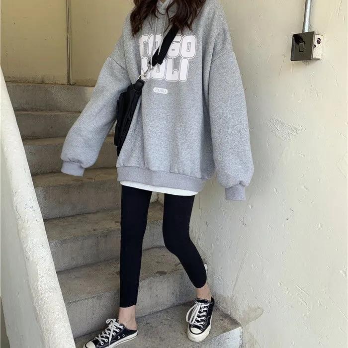 Sweater Women's Ins Plus Velvet Thickened Student Korean of The Loose BF Lazy Style Letter Printing Top Hooded Jacket Printing Pullover Sweater