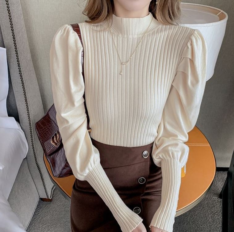 Autumn and Winter Fashion Semi-high Collar Bubble Lantern Sleeve Knitted Bottoming Shirt Feminine Temperament Sweater Top