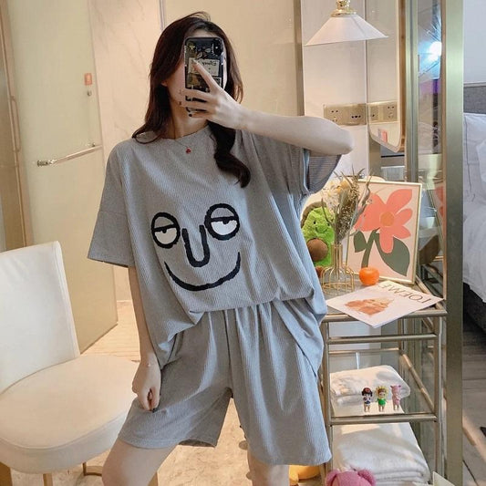 Women's Summer Short-sleeved Pajamas Set Cute Printed Thin Pajamas Pants Two Pieces Set Loose Suits Out Wear Homewear Sleeping Suit