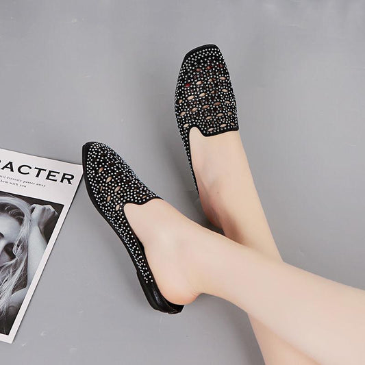 Woman's Fashion Casual Slip On Outdoor Slippers Crystal Hollow Out Flat Shoes