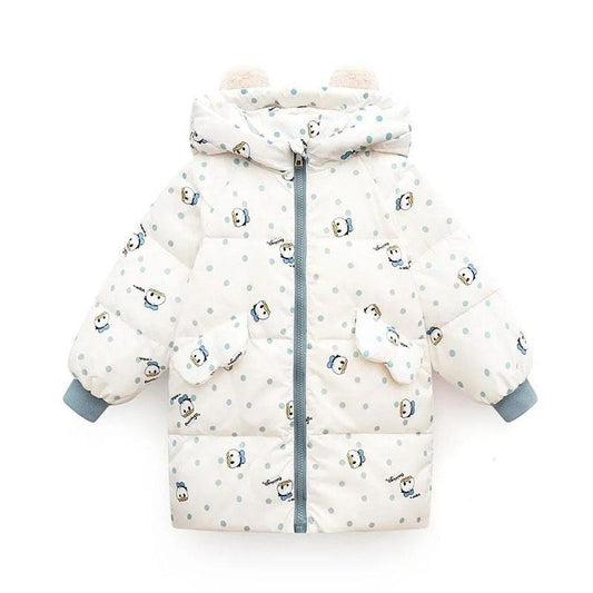 Girls White Duck Down Warm and Windproof Down Jacket Mid-length Cartoon Winter Thick Hooded Children's Clothing