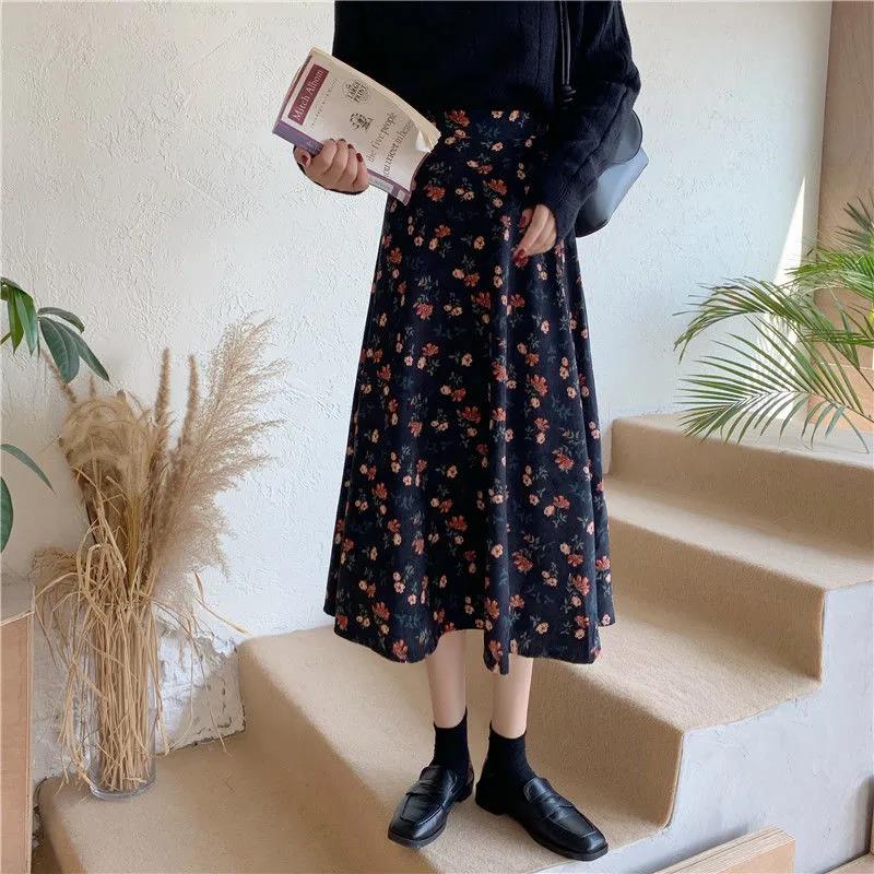 Corduroy Skirt Female Autumn and Winter Long Floral A-line Skirt Ins Super Fairy Thin Student Loose Long Skirt