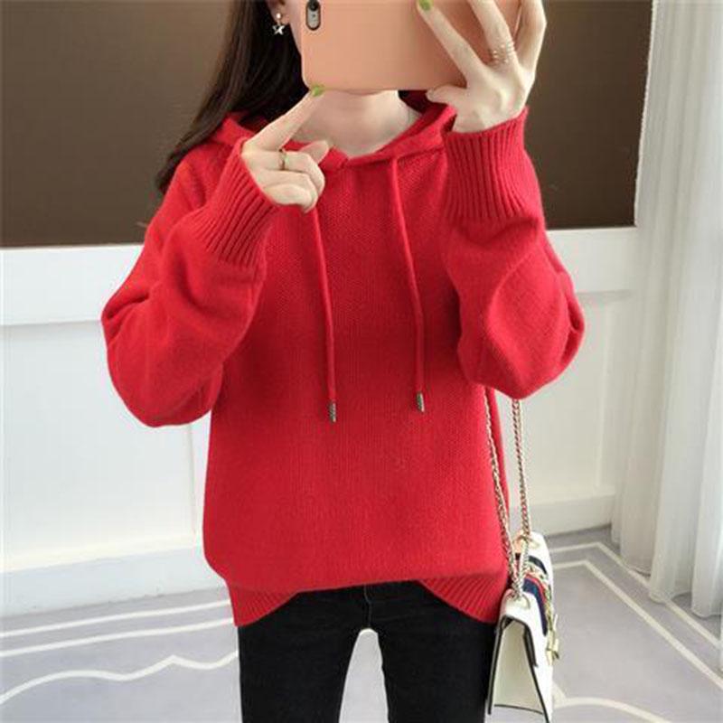 Spring and Autumn Hooded Jacket Loose Short Knitted Sweater Solid Color Long Sleeve Women's Top