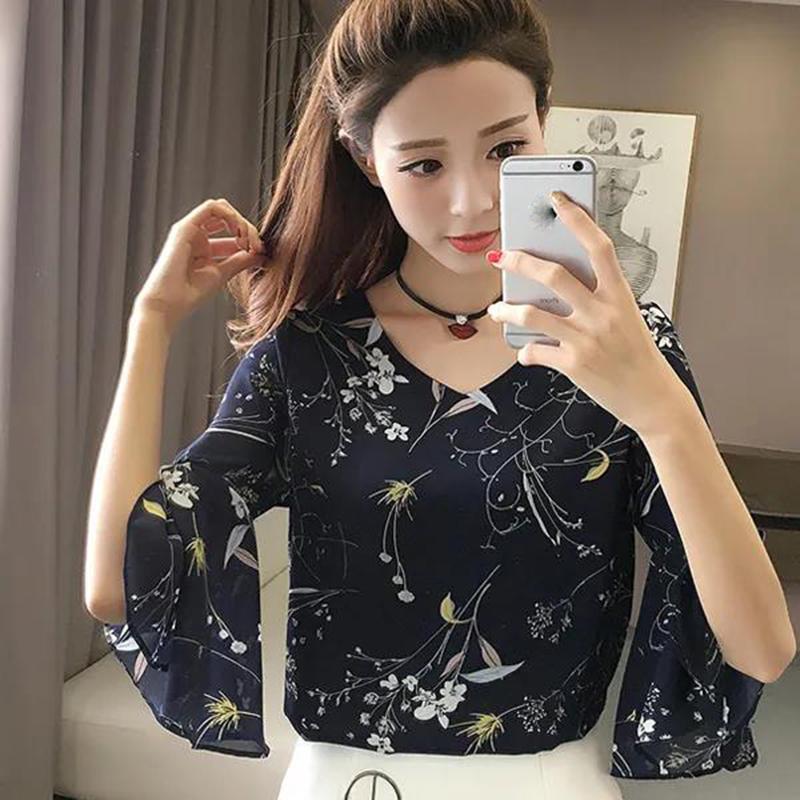 Spring and Summer Floral Chiffon Shirt Women's Shirt Short-sleeved Top Clothes Trumpet Sleeves Thinner Bottoming Shirt Fabric Light and Breathable