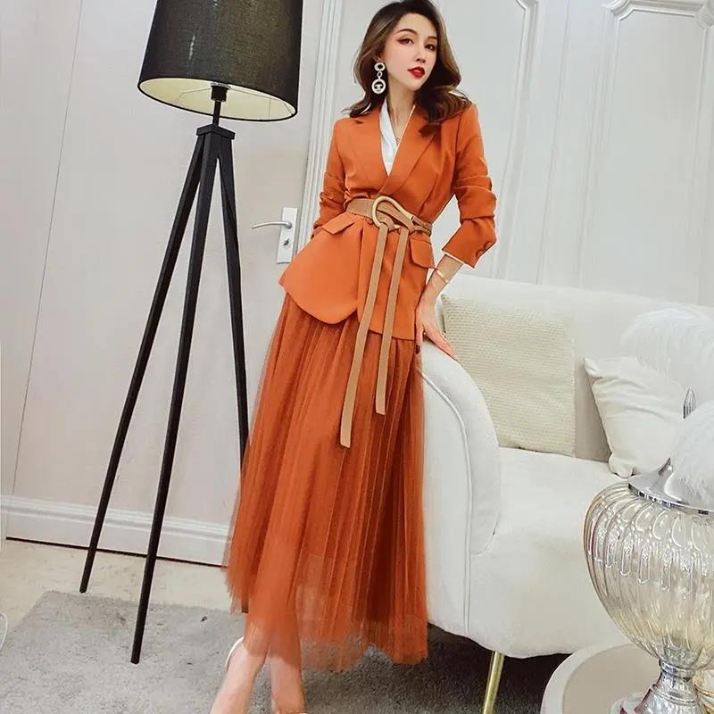 2PCS Women's Autumn High-end Two-piece Suit Jacket + Gauze Skirt Suit Jacket A-line Skirt Casual Work Clothing Ladies Elegant Sets