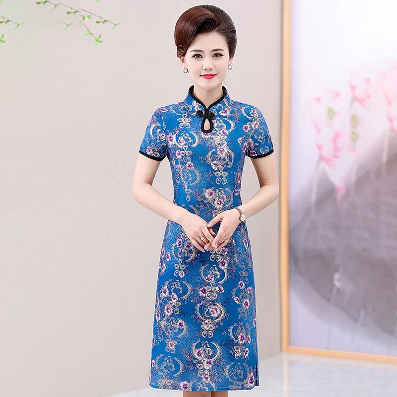 Summer Improved Cheongsam Female Mother Dress Retro Short-sleeved Dress Mid-length Middle-aged and Elderly Printed Cheongsam Dress