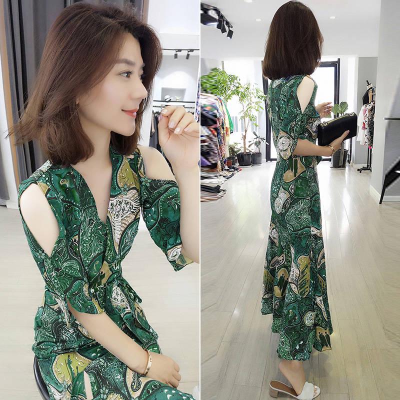 Women Bohemian Floral  Dress Off Shoulder V-neck Chiffon Dress Party Beach Long Maxi Dress