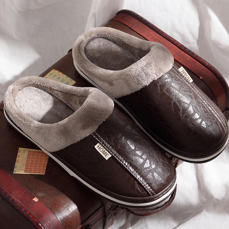 Women's Slippers Leather Winter Windproof Warm Plush Memory Foam Home Slippers for Men House Shoes Plus Size