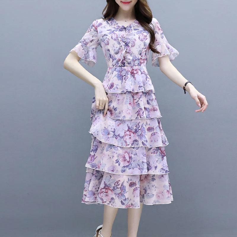 Pofulove Bohemian summer floral chiffon dress flared sleeves V-neck layered dress Ruffled dress