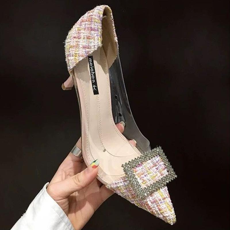 French Girl High Heels Female Stilettos Korean Version of All-match Rhinestone Transparent Pointed Toe Sexy High Heels