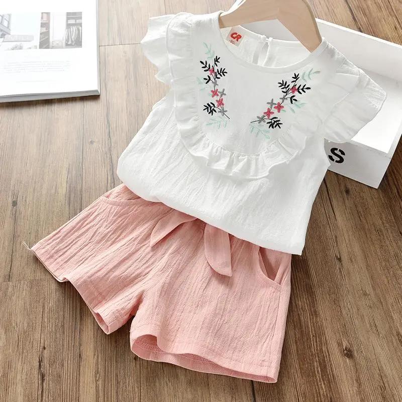 Summer Casual Children Sets Chiffon Flowers Blue T-shirt Pants Girls Clothing Sets Kids Summer Set for 3-7 Years