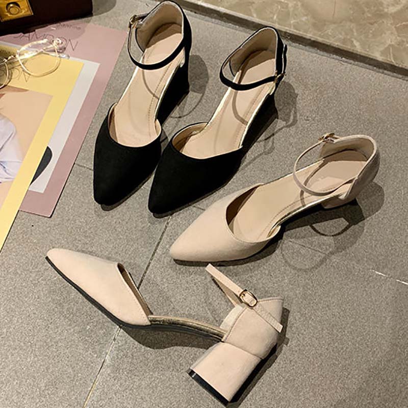 Shoes Female Students Korean Style Single Shoes Female Summer Wild Mid-heel Pointed Toe Buckle Thick Heel High-heeled Shoes Female Sandals