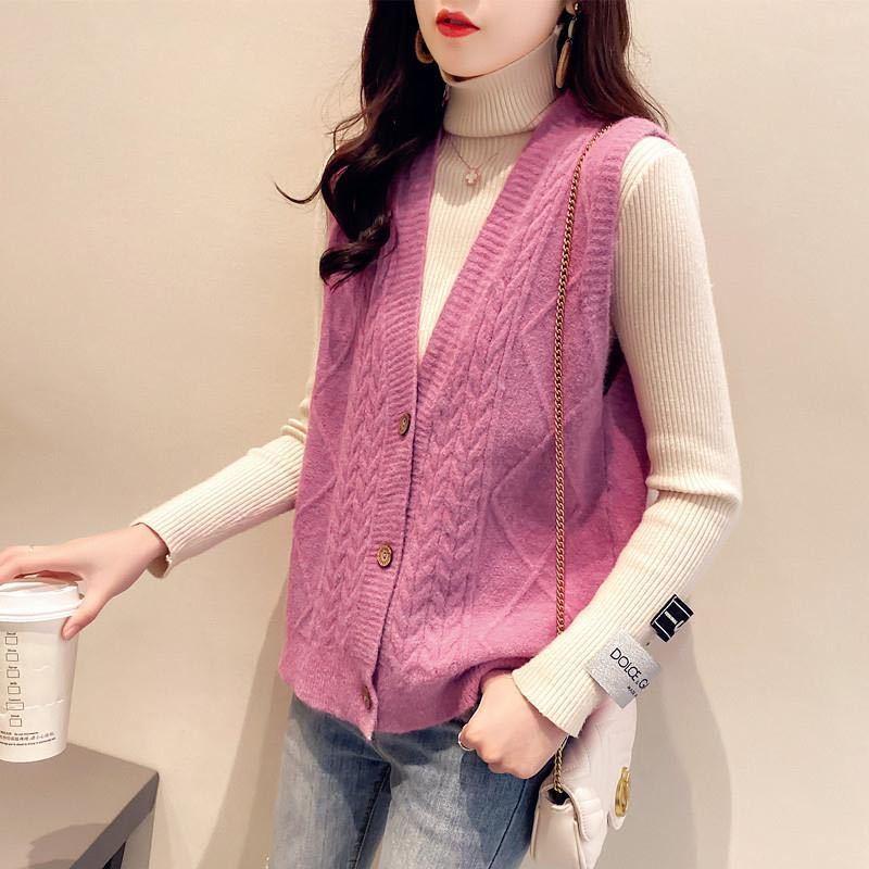 Autumn and Winter Solid Color Vest V-neck Knitted Waistcoat Loose Button Coat All-match