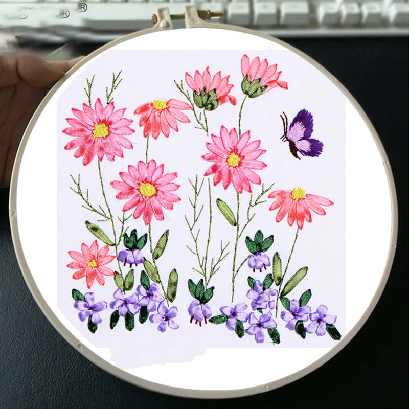 Floral Hand Cross Stitch Embroidery Cloth Starter Kits Needlepoint Color Threads Bamboo Hoop DIY