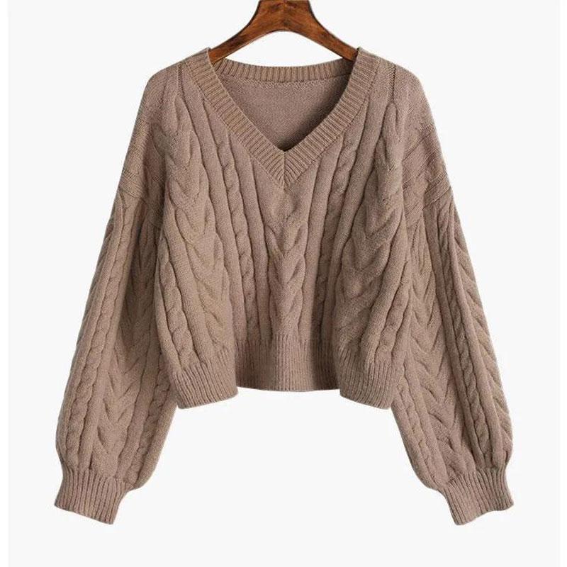 Women's V-neck Twist Sweater Loose Outer Wear 1PC Pullover Autumn and Winter Sweater Short Lazy Wind Top Long Sleeve Sweater