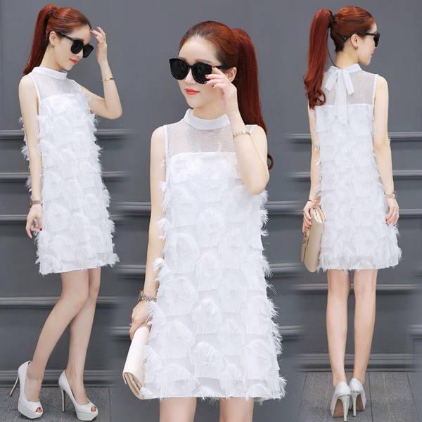 Summer Women Mesh Gauze Stitched Sleeveless Chiffon Dress Fringed Sexy Dress A-line Dress