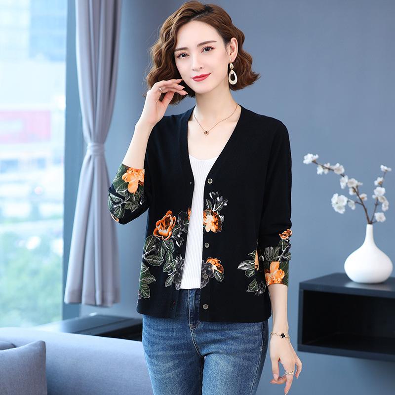 Autumn Winter Women's Knitted Sweater V-neck Printing Short Cardigan Knit Woolen Sweater Coat