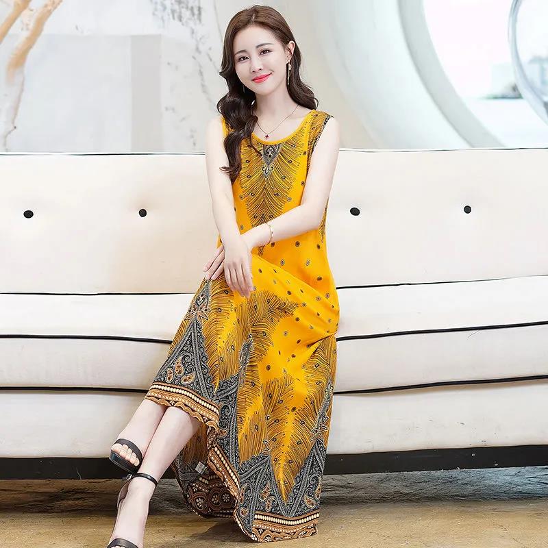 2021 Women Dresses Summer Scoop Neck Floral Print Boho Beach Dress Sleeveless A Line Sundress Robe