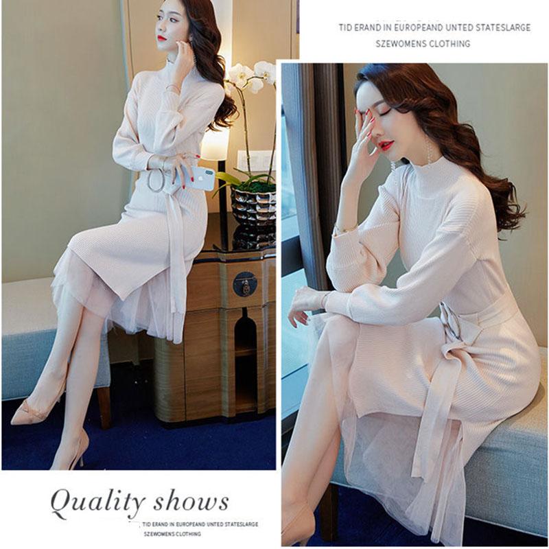 Autumn Winter Women's Long Sweater Dress Calf Length Slim Outer Wear Knit Dress with Belt