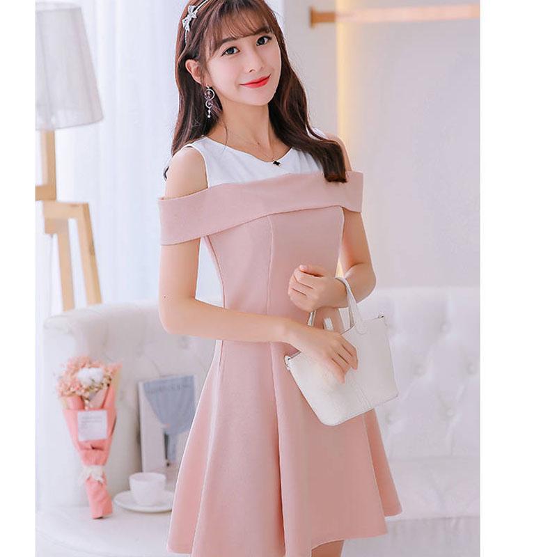 Fashion Summer Off-shoulder Round Neck Dress Stitching Sweet A-line Dress Sleeveless Sundress