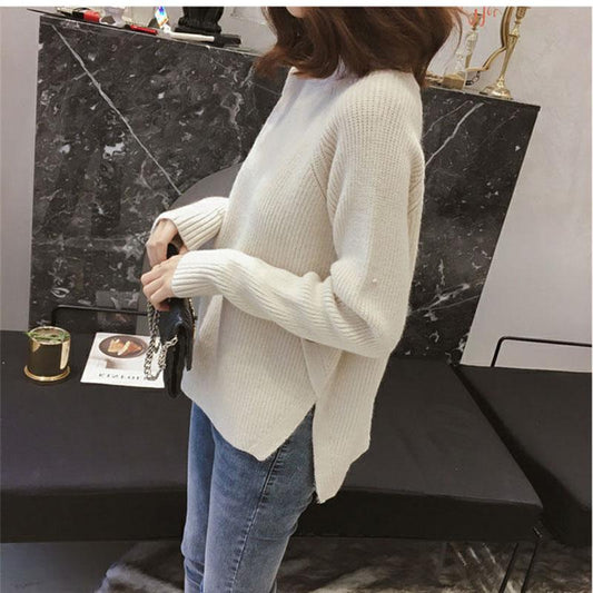 Autumn and Winter Half Turtleneck Sweater Long-sleeved Loose Thick Coat Pure Color Young Women's Knitted Top