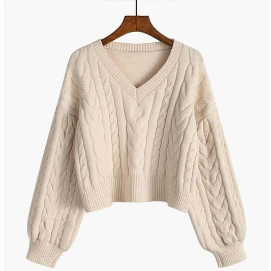 Women's V-neck Twist Sweater Loose Outer Wear 1PC Pullover Autumn and Winter Sweater Short Lazy Wind Top Long Sleeve Sweater