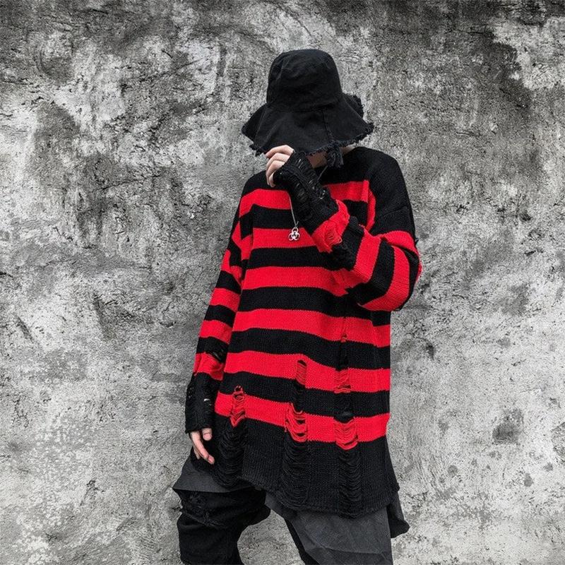 Couple Sweater Loose Lazy Trend Knit Bottoming Hole Men's Sweater Gothic Emo Punk Grunge Ripped Striped Sweater